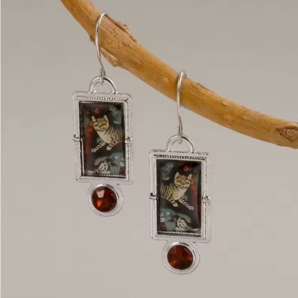 New Tabby Cat and Red Stone Earrings